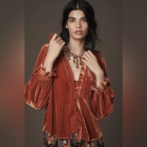 NWT! Keira Collared Button-Front Blouse by Pilcro:Long-Sleeve Velvet Edition 🟤